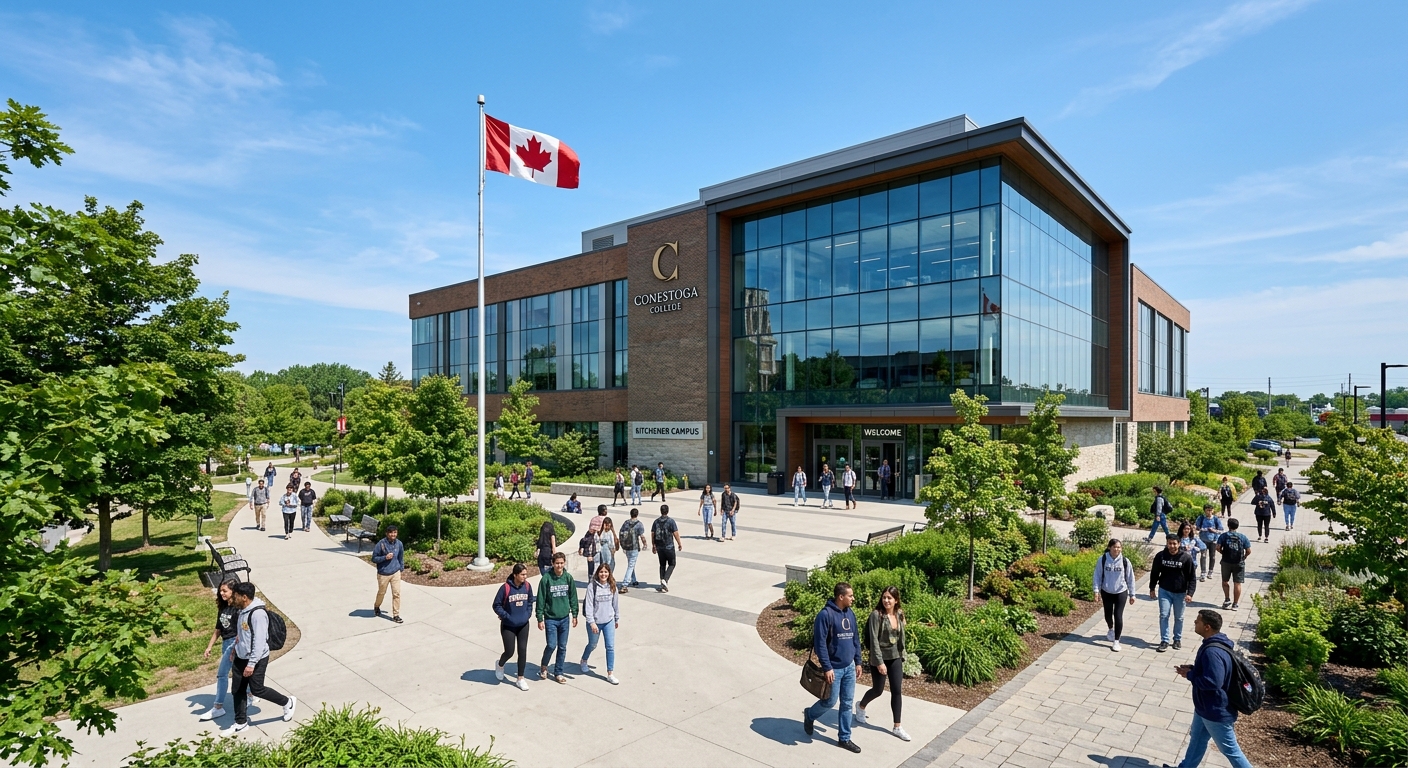 Modern Conestoga College campus building in Kitchener Ontario with glass facade, students walking on pathways surrounded by green landscaping, Canadian flag visible, clear blue sky
