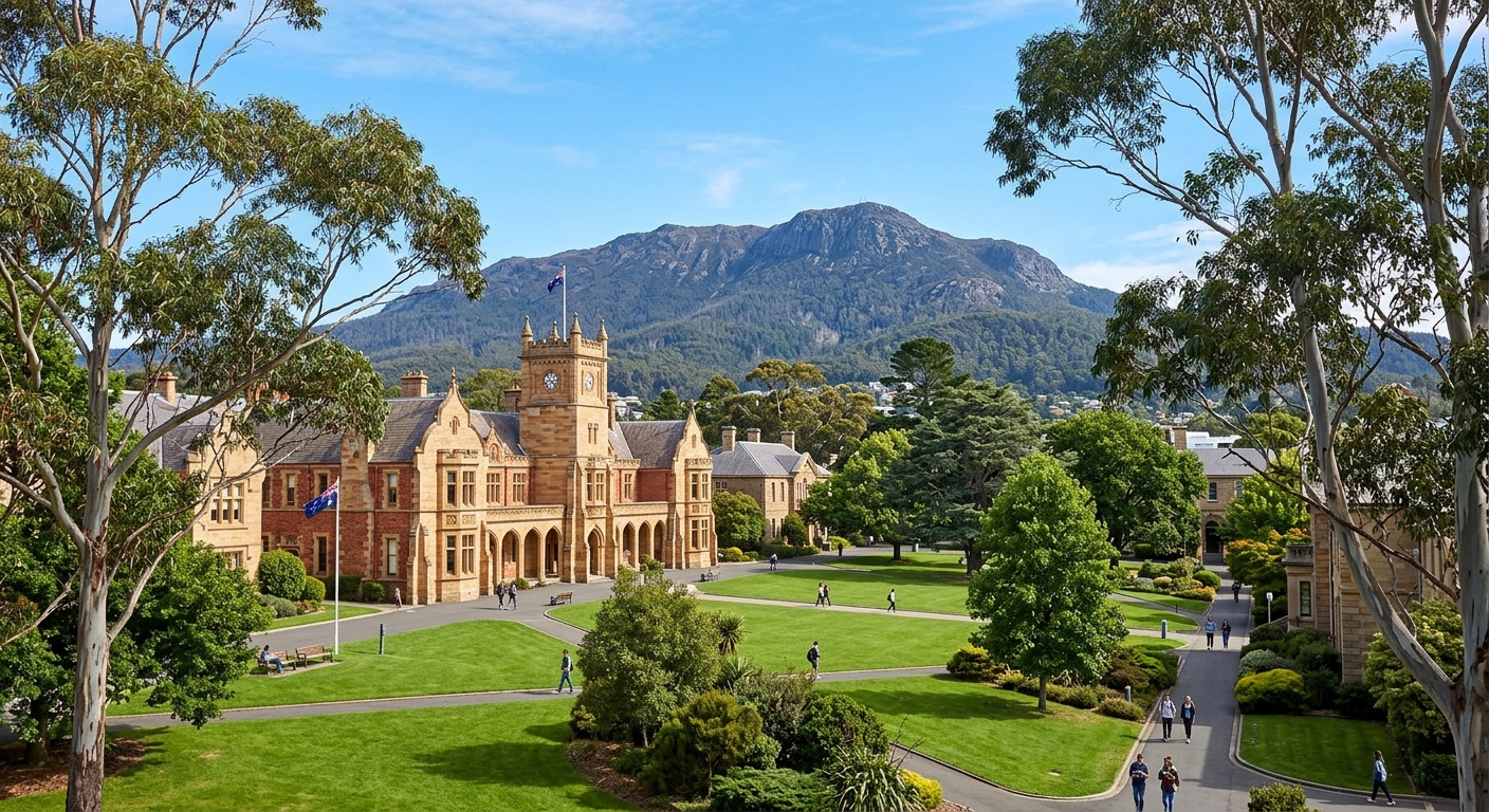 University of Tasmania Sandy Bay campus in Hobart, heritage sandstone buildings surrounded by green lawns, Mount Wellington in the background, eucalyptus trees, clear blue sky