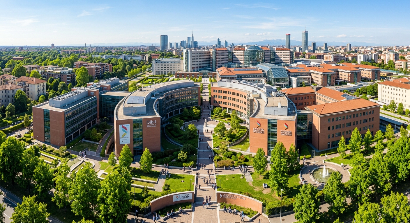 Vita-Salute San Raffaele University campus wide shot in Milan Italy, modern medical research buildings alongside green courtyards, San Raffaele Hospital complex visible in background, clear blue sky, warm afternoon light