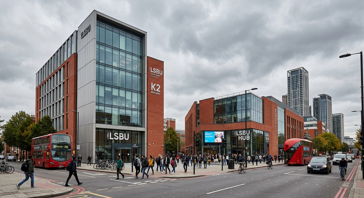 London South Bank University Southwark campus wide shot, modern K2 building and LSBU Hub visible, red brick and glass architecture, Elephant and Castle area of London, overcast sky typical of England