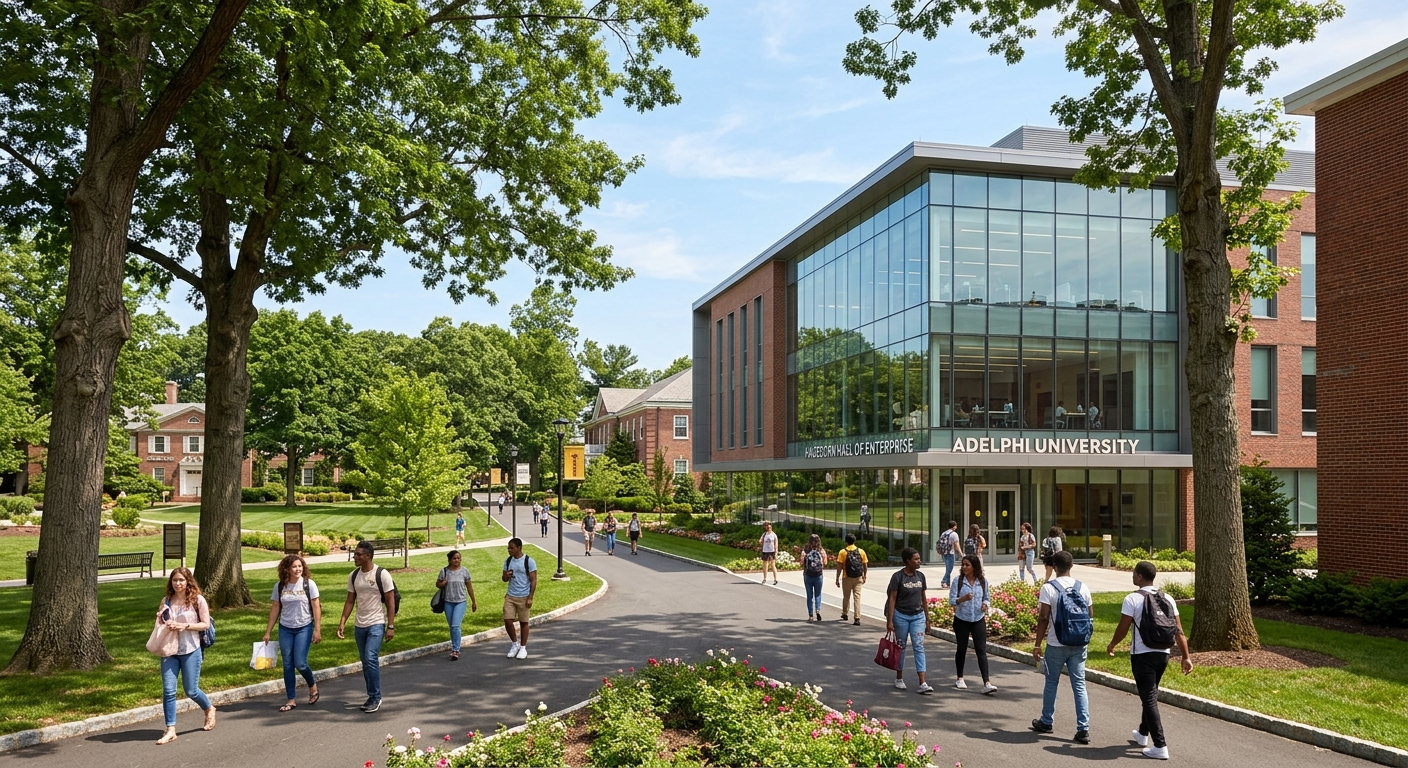 Adelphi University campus in Garden City, New York, featuring the Hagedorn Hall of Enterprise with modern glass facade, students walking on tree-lined pathways, suburban Long Island setting with green lawns and brick buildings