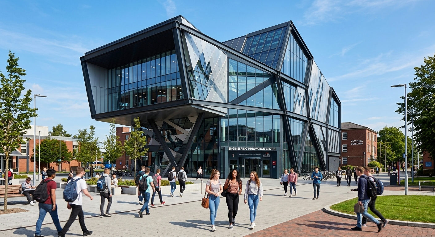 University of Lancashire Engineering Innovation Centre, modern glass and steel building with angular architecture, students walking outside, sunny day in Preston