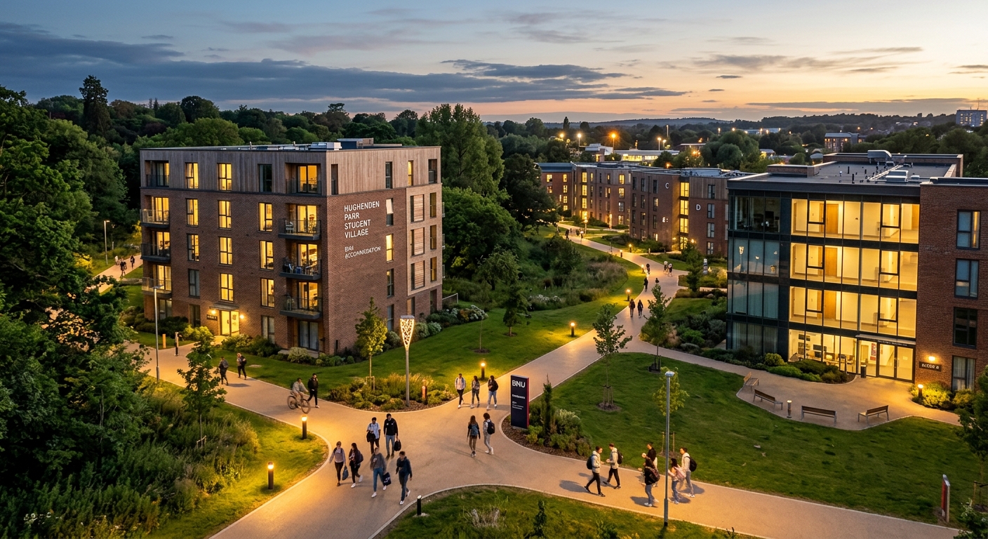 Hughenden Park Student Village at BNU, modern student accommodation blocks surrounded by green parkland, pathways connecting residential buildings, evening lighting