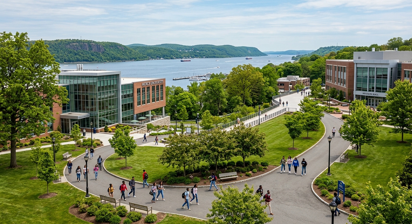 Mercy University campus in Dobbs Ferry, New York, with green lawns, modern academic buildings, and students walking along tree-lined pathways near the Hudson River