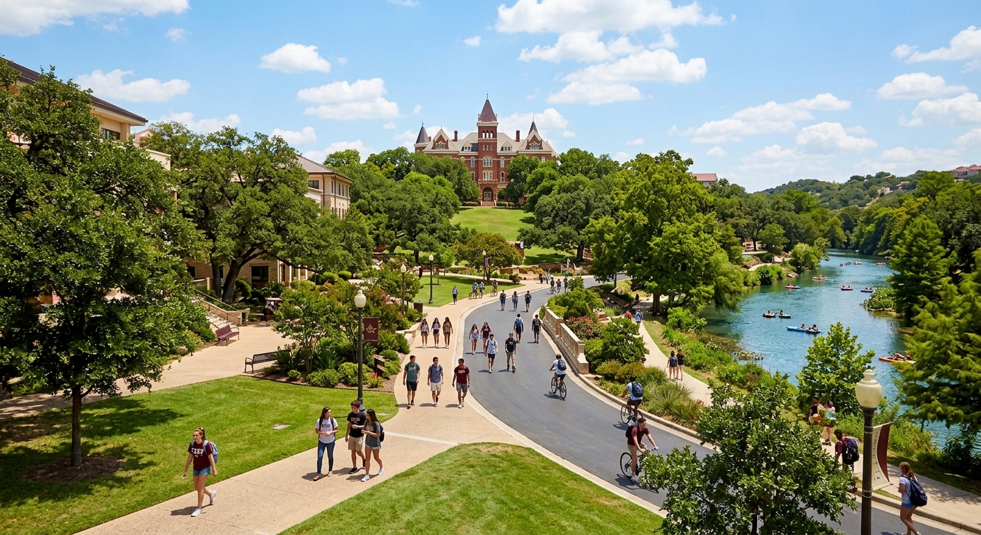 Texas State University campus in San Marcos with historic Old Main building, green lawns, students walking along tree-lined pathways, San Marcos River visible in background, bright sunny Texas sky