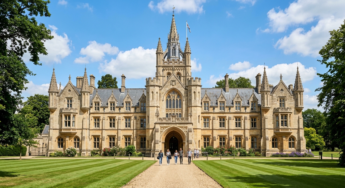 Royal Agricultural University main Victorian Gothic building facade with ornate stonework, turrets, and arched entrance, green lawns in foreground, blue sky