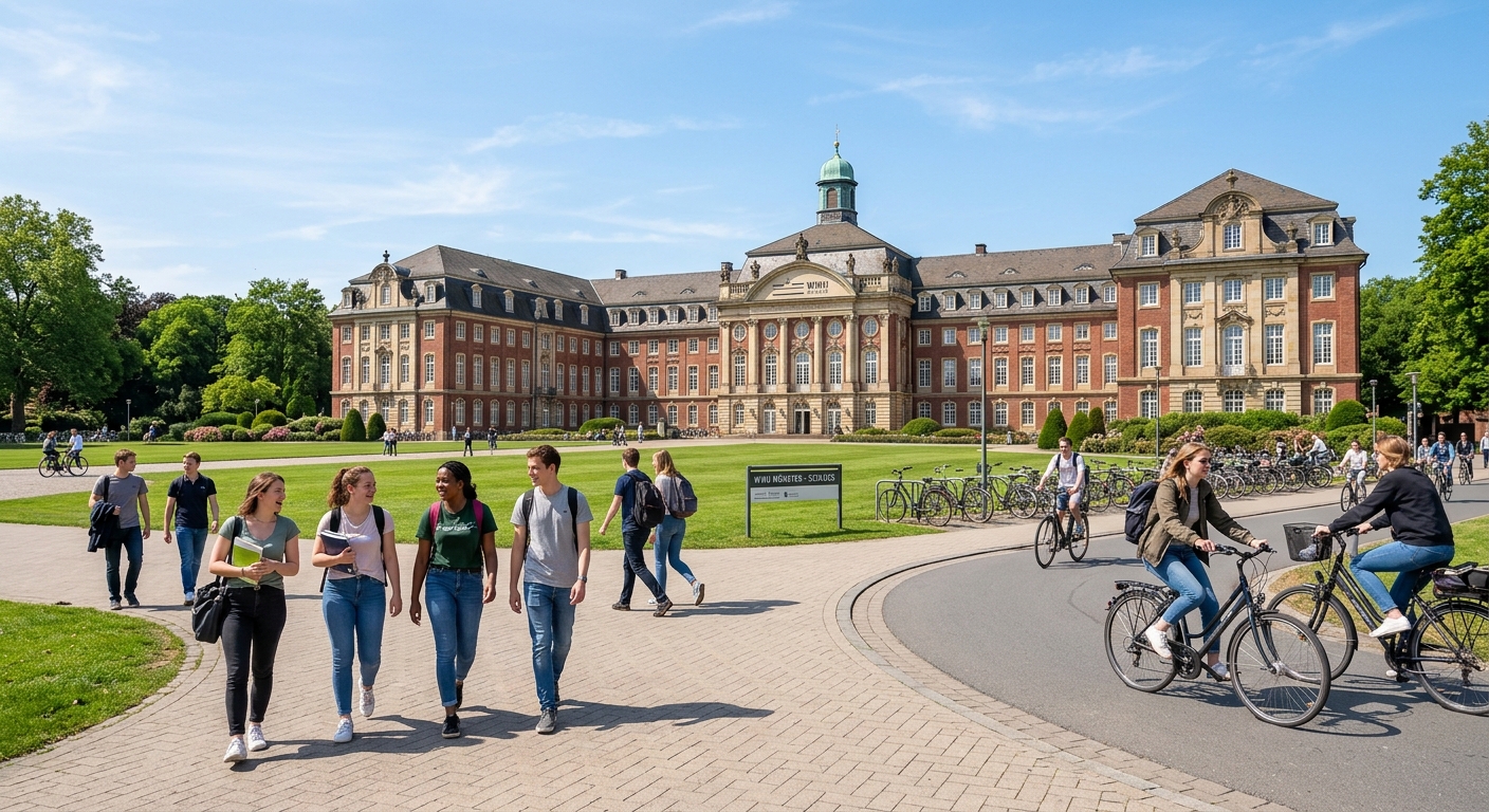 Historic Schloss Münster castle building serving as the University of Münster main administrative center, surrounded by green lawns and bicycle paths, with students walking in the foreground under a clear blue sky