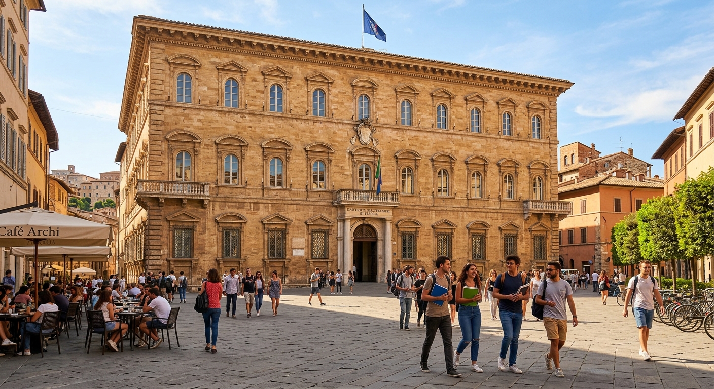 Historic Palazzo Gallenga Stuart building of the University for Foreigners of Perugia with Renaissance architecture, arched windows and warm stone facade, students walking in the sunlit Italian piazza of Perugia, Umbria region