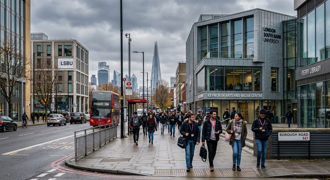 London South Bank University Southwark campus with modern architecture, urban streetscape, students walking near Borough Road, London skyline visible in background, overcast sky typical of London