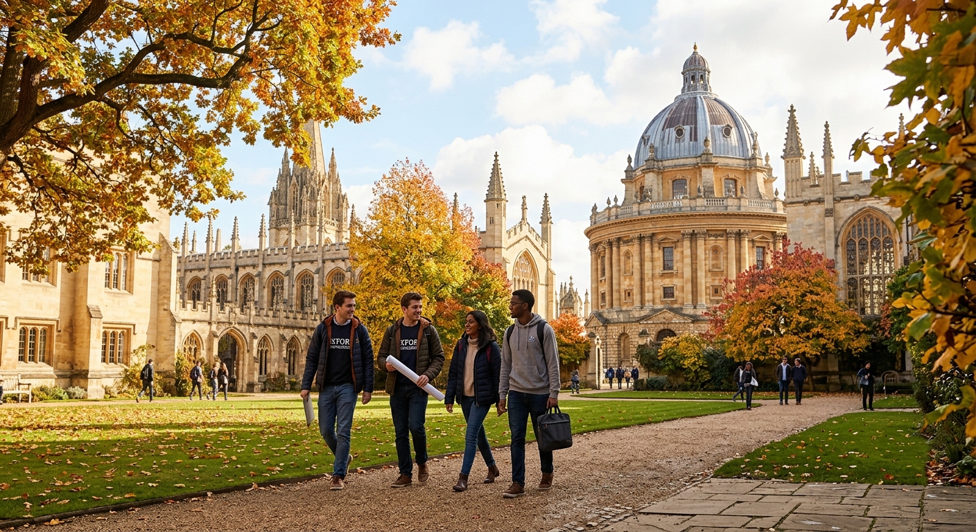 Historic Oxford University campus with Radcliffe Camera and Bodleian Library in the background, engineering students walking through a sunlit quad, autumn foliage framing gothic architecture