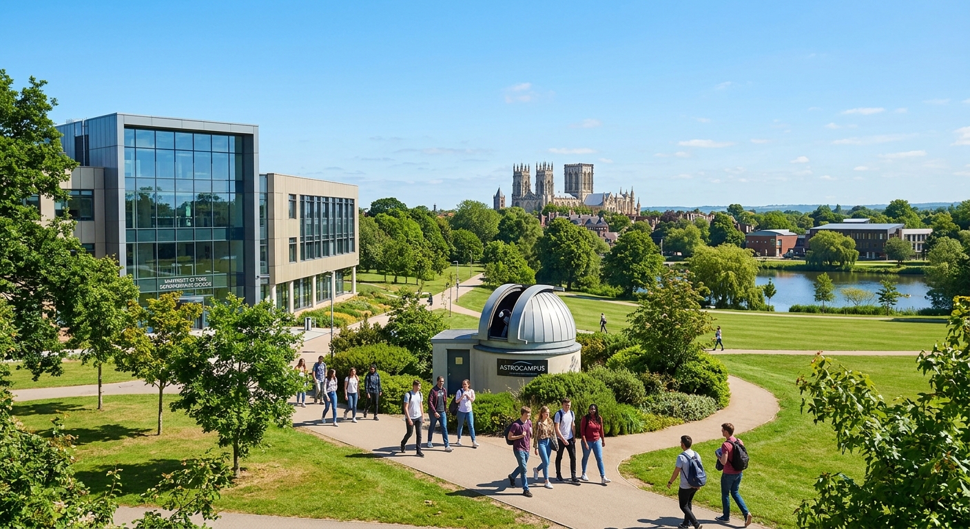 University of York campus with green parkland and modern physics building, students walking near the Astrocampus observatory under a clear sky, York Minster visible in the background