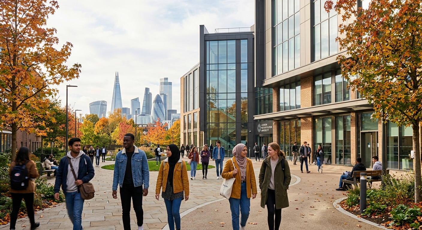 Modern university campus building at London Metropolitan University Holloway campus, diverse students walking through courtyard with London cityscape in background, autumn light, contemporary architecture with glass facades