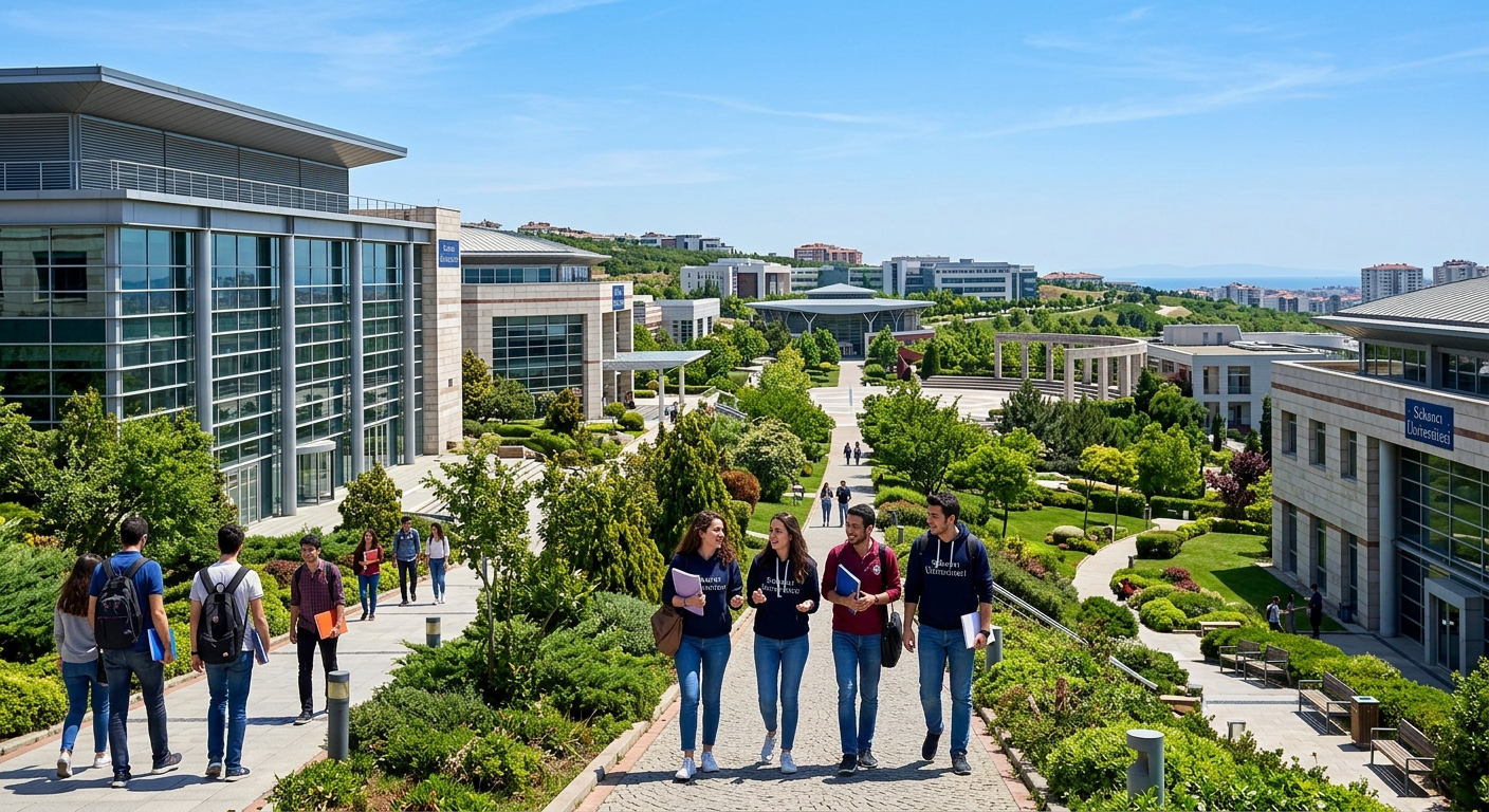 Modern Sabancı University campus in Istanbul Turkey with contemporary architecture, green landscaped grounds, engineering students walking between buildings, clear sky background
