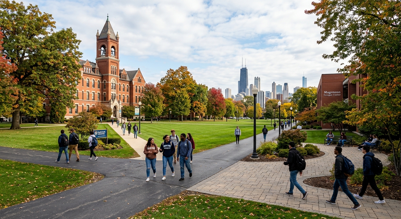 North Park University campus in Chicago with red brick buildings, green lawns, mature trees, and students walking along pathways on an urban campus with the Chicago skyline visible in the background