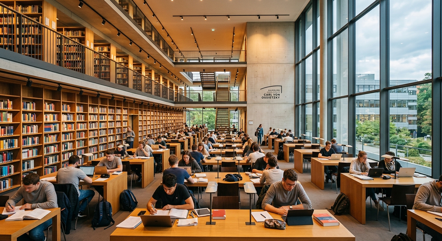 Hamburg State and University Library Carl von Ossietzky, modern interior with rows of study desks, tall bookshelves, students studying under warm lighting, large windows