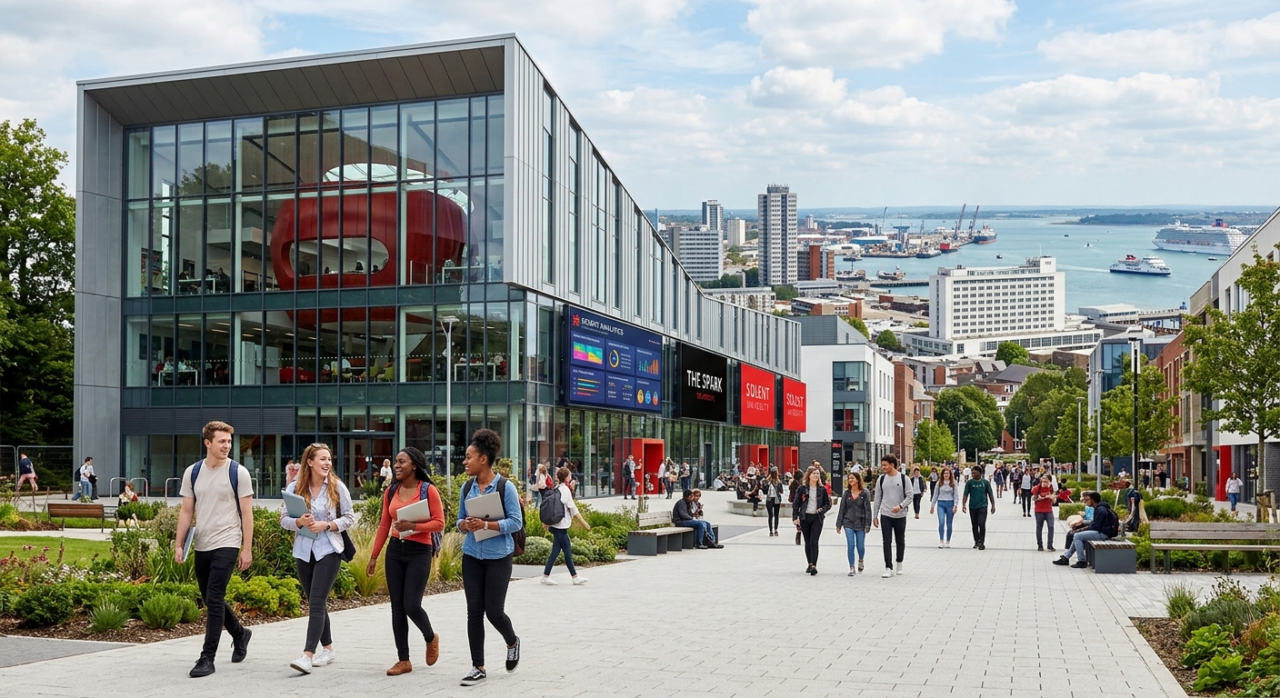 Modern university campus in Southampton with students walking near The Spark building, digital screens displaying marketing analytics, coastal city skyline in background, bright daylight