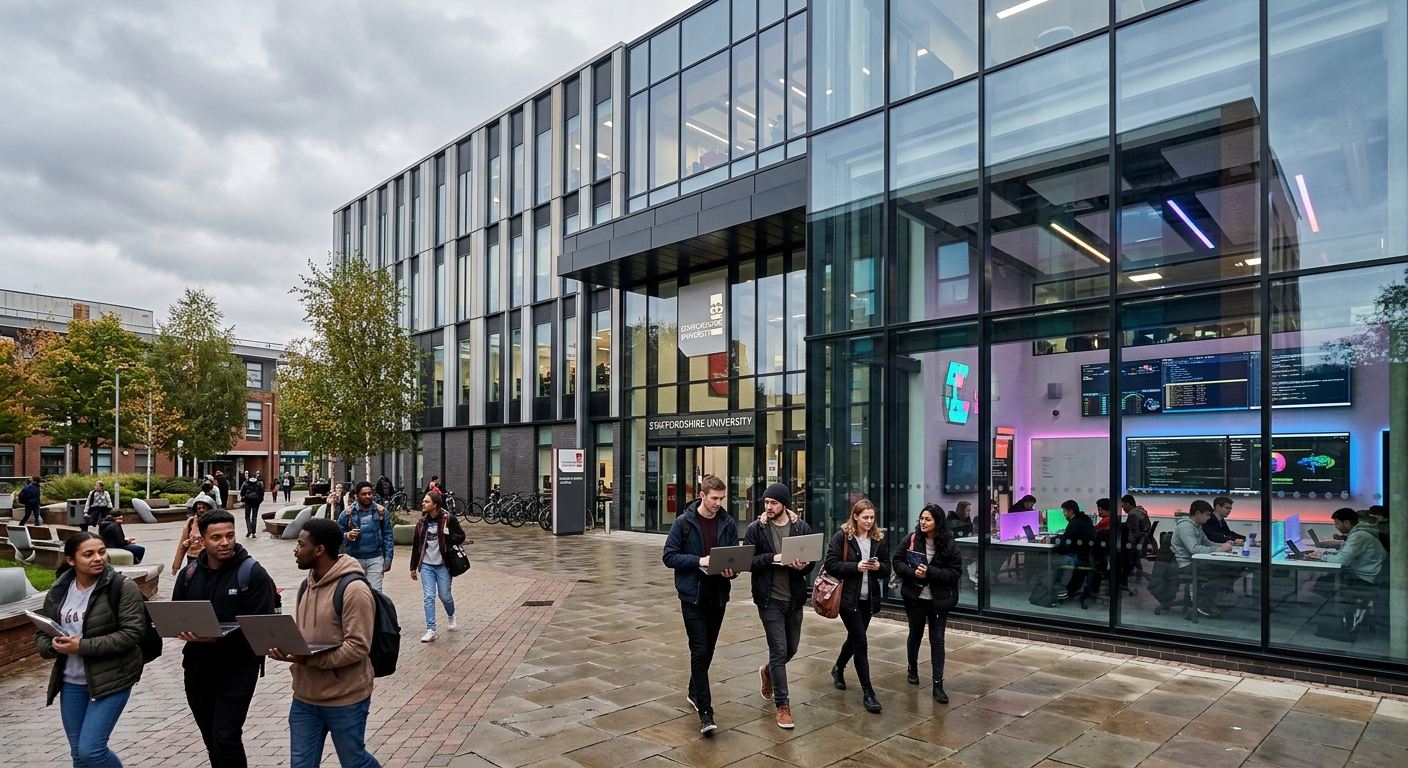 Modern Staffordshire University Stoke-on-Trent campus building with glass facade, students walking through courtyard with laptops, digital technology displays visible through windows, overcast English sky