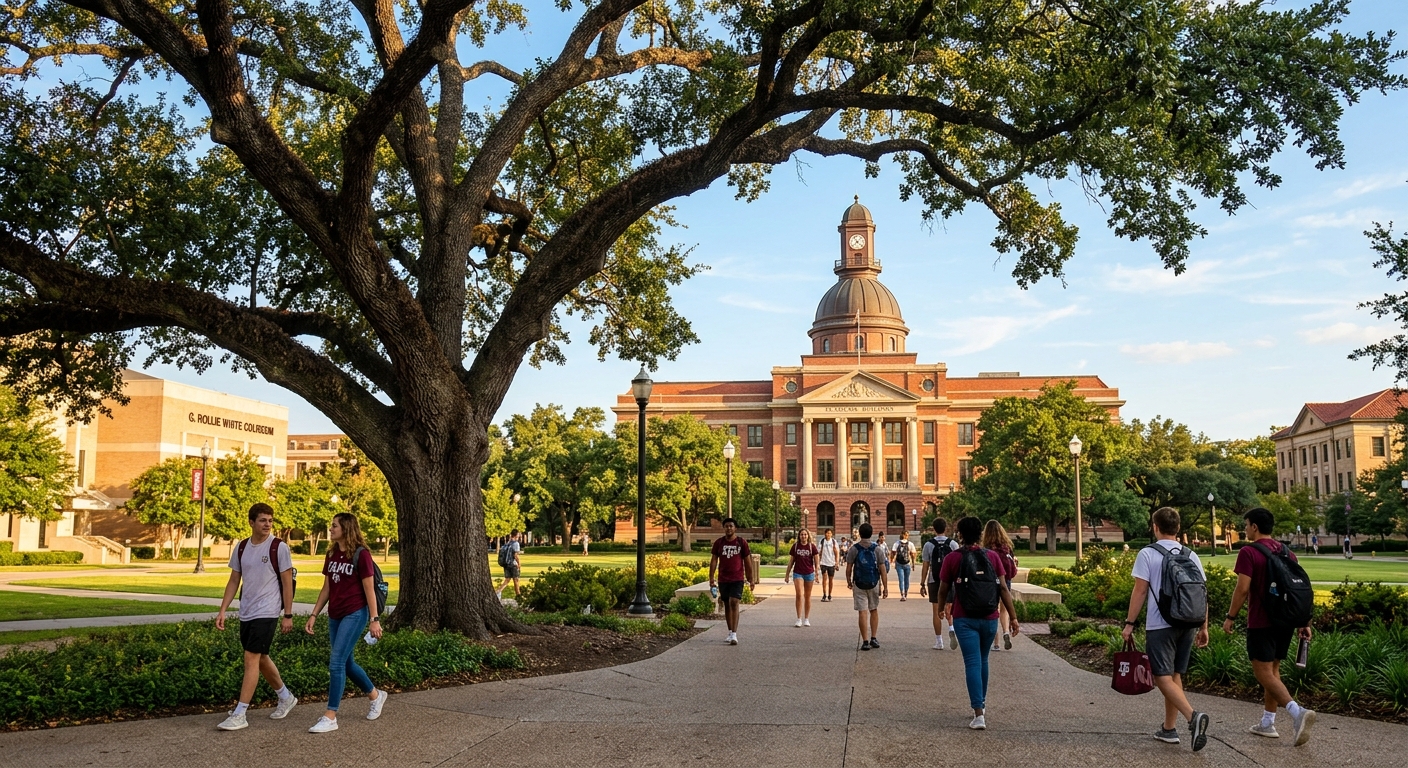 Texas A&M University College Station campus with the iconic Academic Building and Century Tree, students walking on tree-lined pathways, warm sunlight illuminating red brick architecture