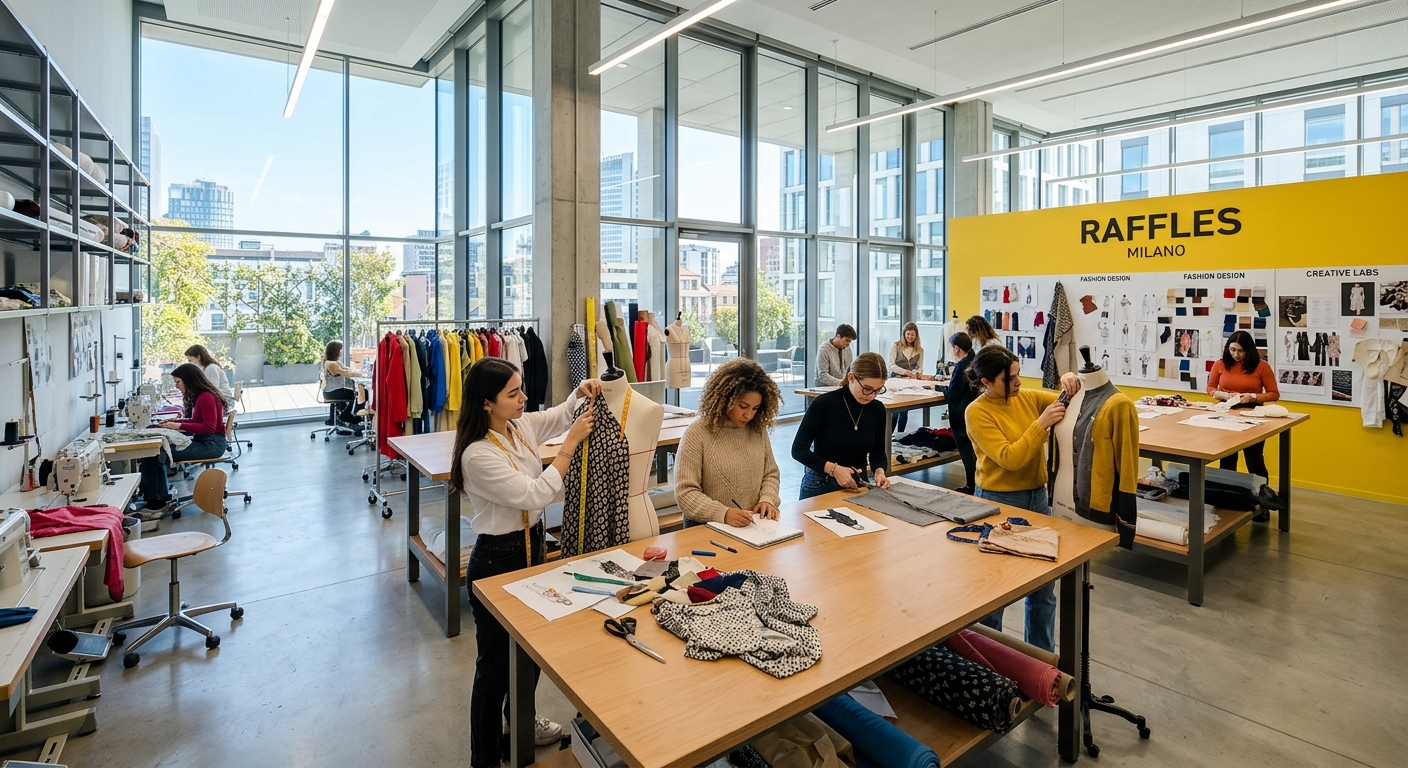 Raffles Milano bright open-plan design studio with glass walls, students working on fashion projects, natural light flooding in, modern minimalist interior with yellow accent walls