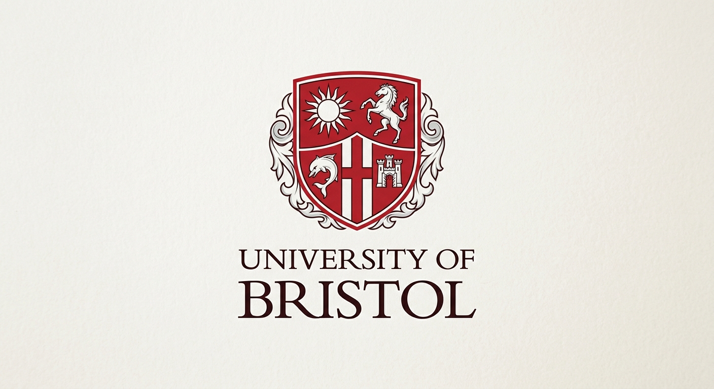 University of Bristol official logo featuring a shield crest with sun and horse symbols in red and white, with the university name in serif font