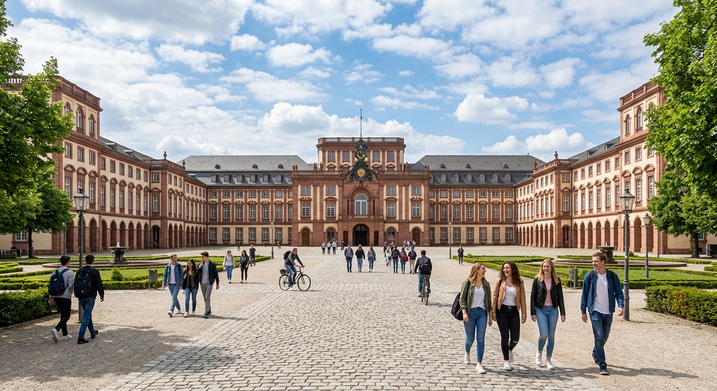 Mannheim Palace (Schloss Mannheim) grand facade, Baroque architecture with symmetrical wings, university students walking through the courtyard, blue sky with scattered clouds