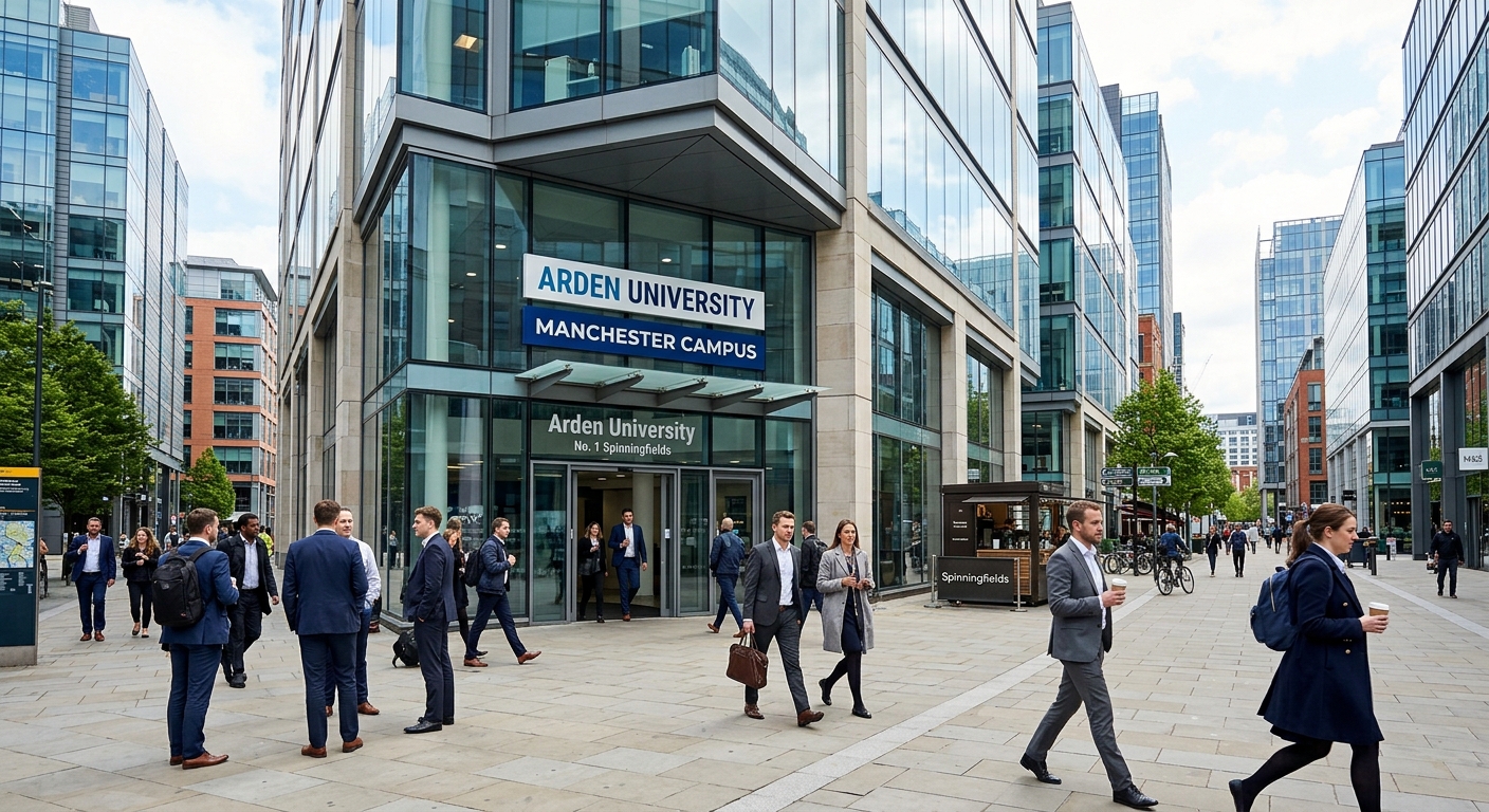 Arden University Manchester campus at Spinningfields, modern glass building exterior, city centre location, pedestrians walking, urban professional setting
