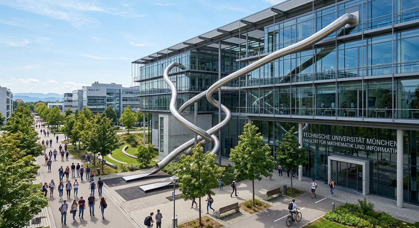 Modern Garching campus of the Technical University of Munich, glass and steel faculty building with mathematical parabolic slide structures visible, students walking along tree-lined pathways, clear Bavarian sky