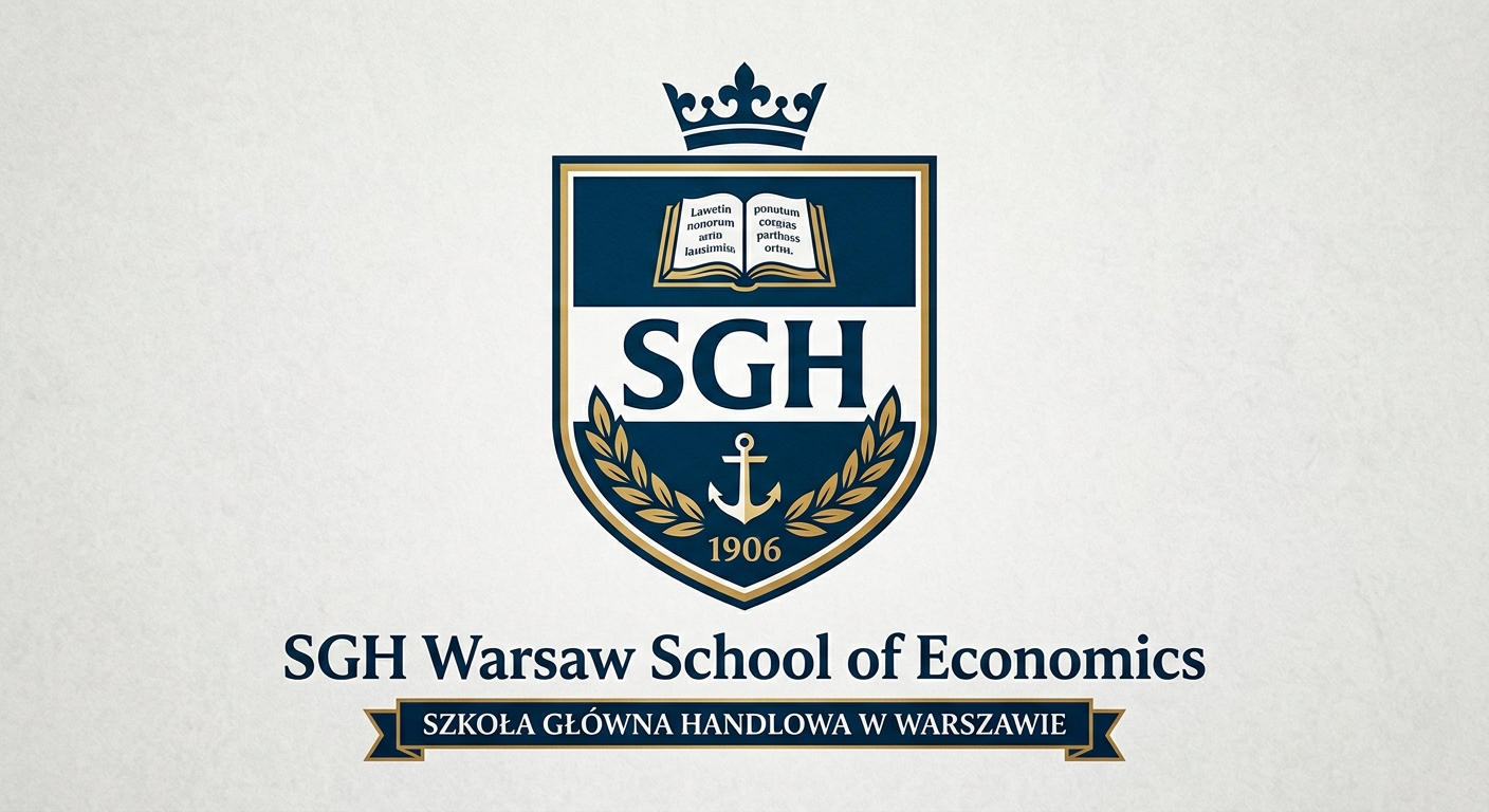 SGH Warsaw School of Economics official logo, dark blue shield emblem with SGH letters and open book symbol, Polish university crest design