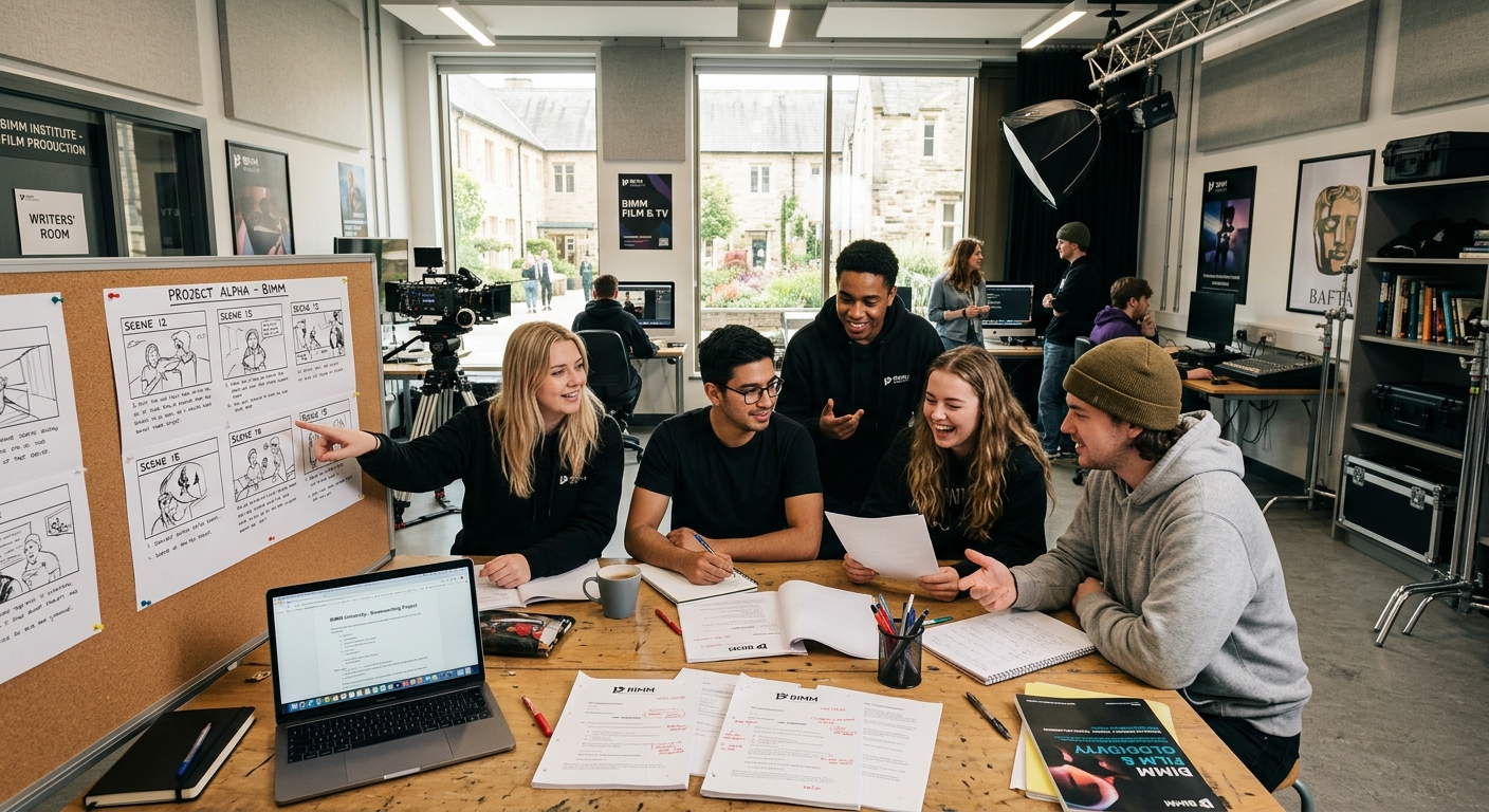 Creative screenwriting workspace at BIMM University, students collaborating around scripts and storyboards, modern film school environment with professional lighting and production equipment, UK campus setting