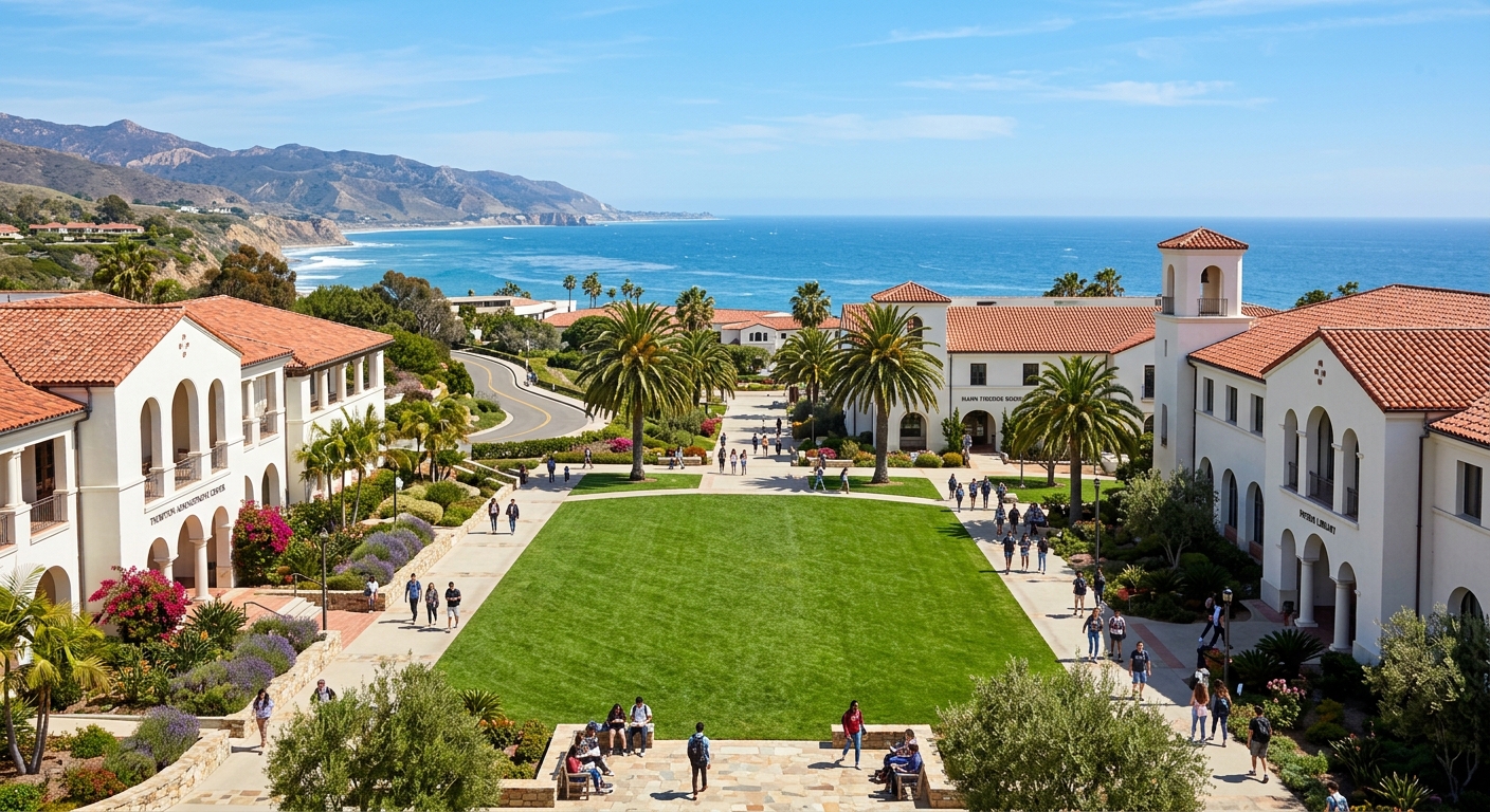 Pepperdine University main campus quad with Mediterranean-style white buildings, red tile roofs, palm trees, manicured lawns, and Pacific Ocean visible in the background under clear blue sky