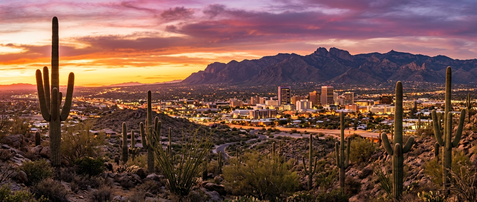 Panoramic view of Tucson Arizona cityscape at sunset with Saguaro cacti in the foreground, Santa Catalina Mountains in the background, warm orange and purple desert sky