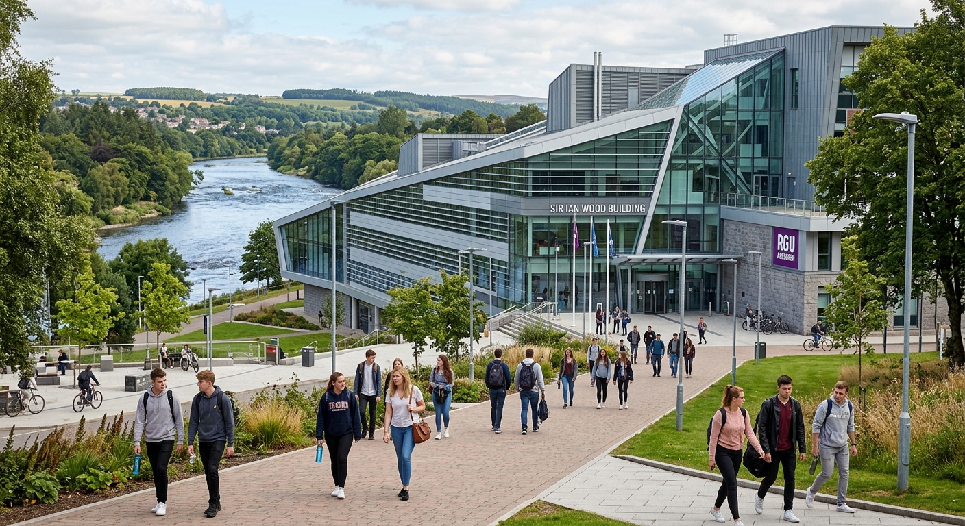 The Sir Ian Wood Building at RGU Garthdee campus, a modern glass-fronted building with geometric architecture, students walking along pathways, River Dee visible in the background