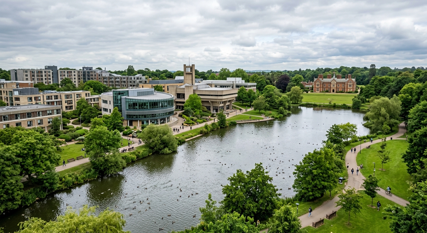 University of York Heslington campus wide-shot, modern collegiate buildings surrounding a scenic artificial lake, lush green parkland, ducks on water, Heslington Hall Tudor manor in background, overcast English sky
