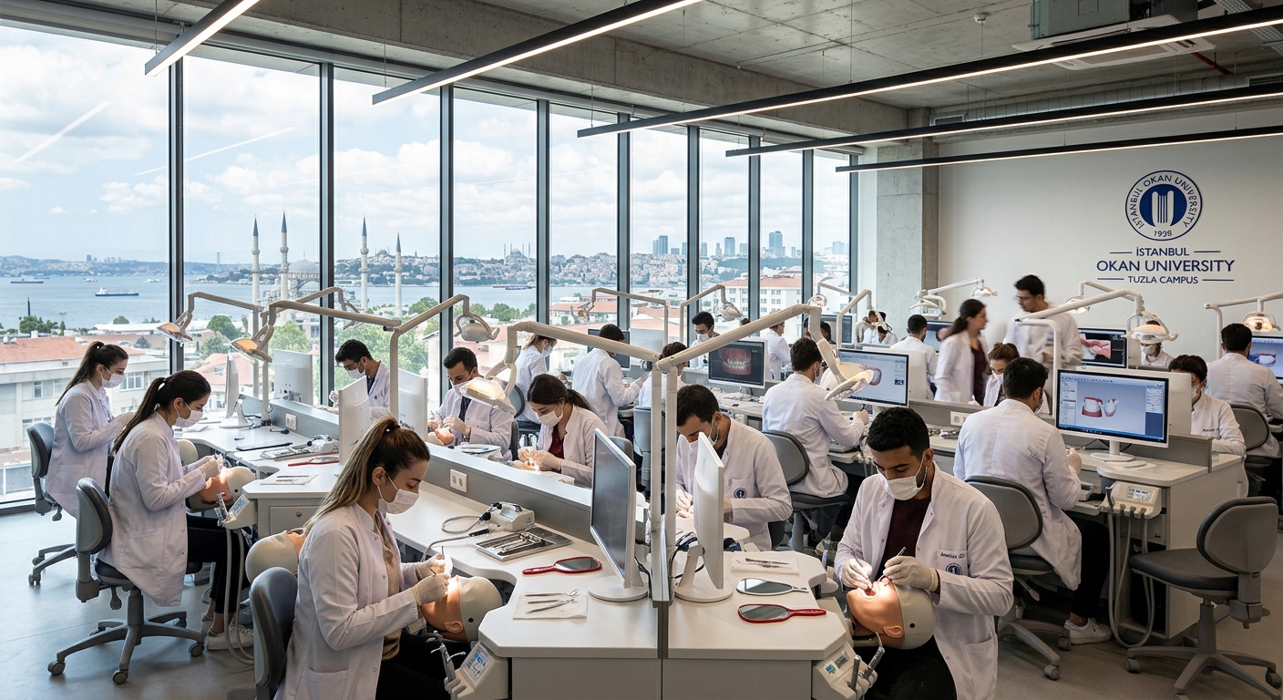 Modern dental faculty building at Istanbul Okan University Tuzla Campus, students in white coats practicing in a high-tech dental simulation laboratory with phantom heads, bright clinical lighting, Istanbul skyline visible through windows