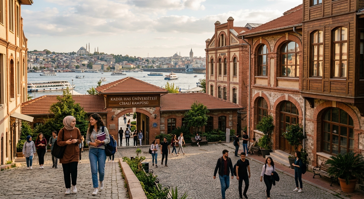 Historic Kadir Has University Cibali Campus in Istanbul with restored Ottoman-era tobacco factory architecture, students walking through courtyard with Golden Horn waterfront visible in background, warm afternoon light