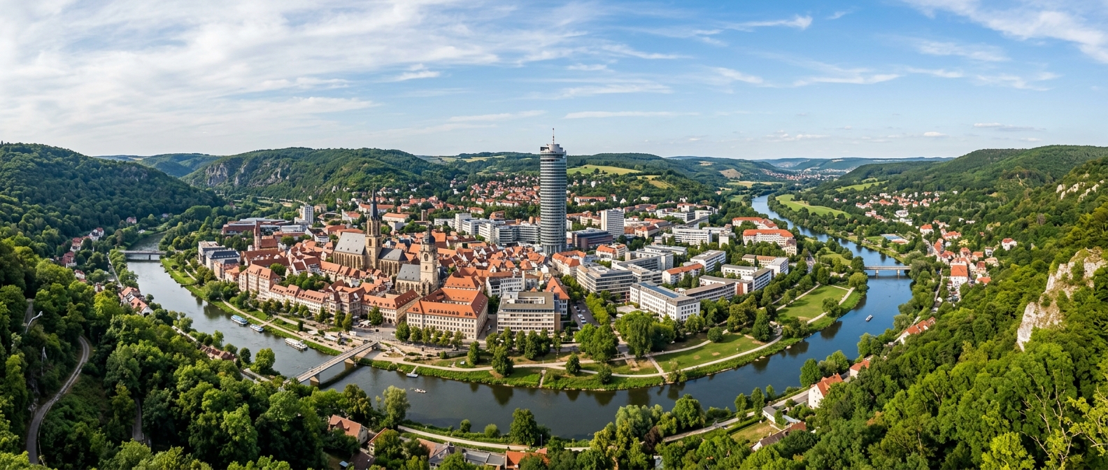 Panoramic view of Jena Germany along the Saale River valley, surrounded by green limestone hills, the JenTower landmark rising above the city center, historic church spires and modern buildings visible