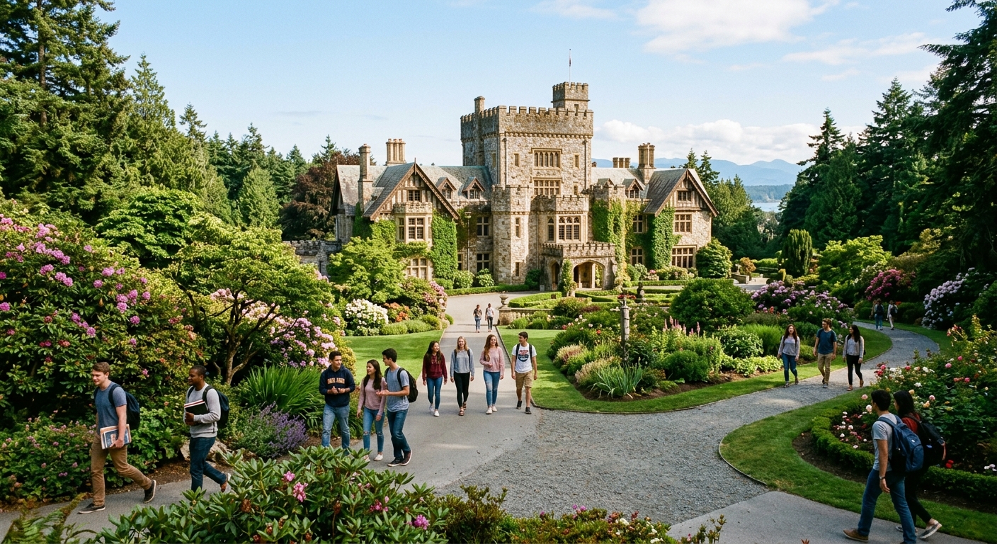 Historic Hatley Castle at Royal Roads University campus in Colwood, British Columbia, surrounded by lush gardens and Pacific Northwest forest, with students walking along pathways on a sunny day