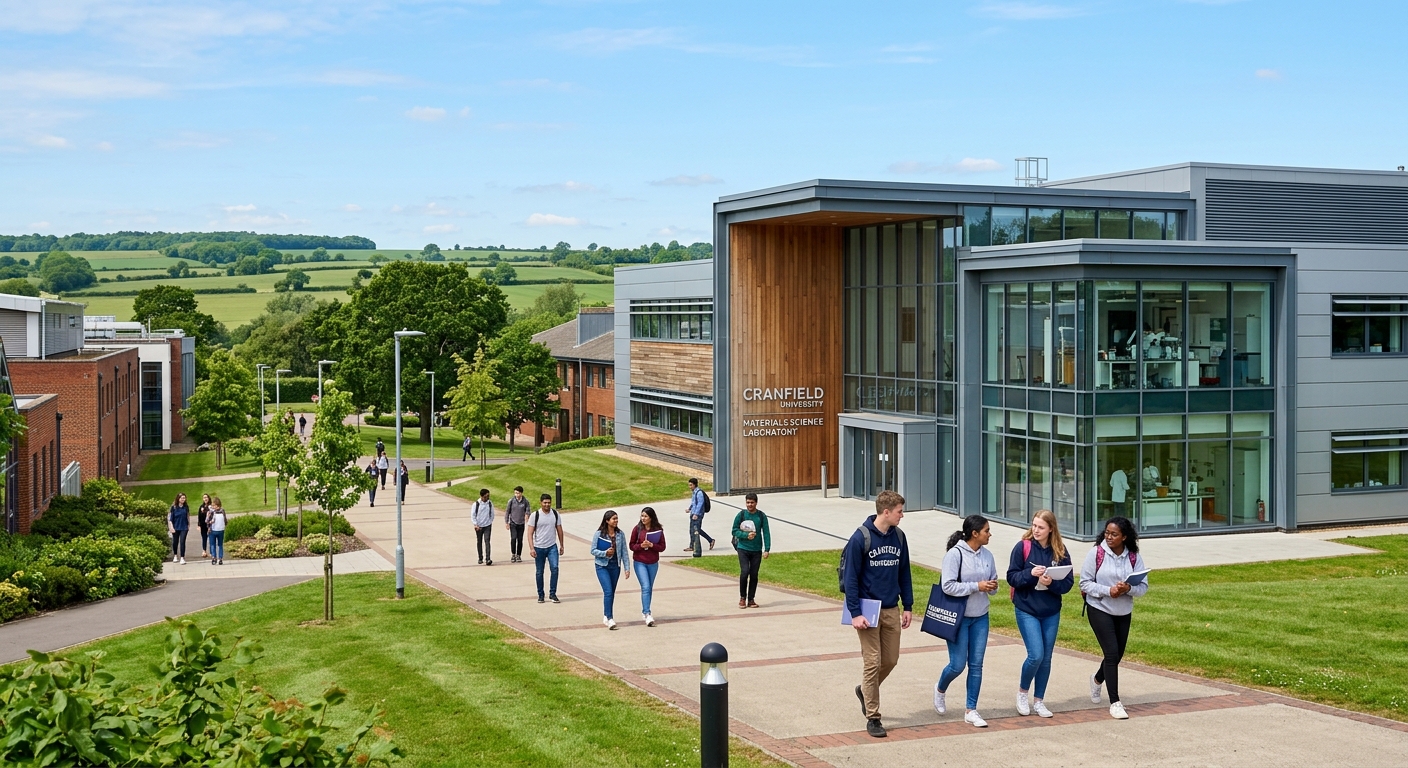 Cranfield University campus with modern materials science laboratory building, engineering students walking near research facilities, green English countryside setting with clear skies, Bedfordshire United Kingdom