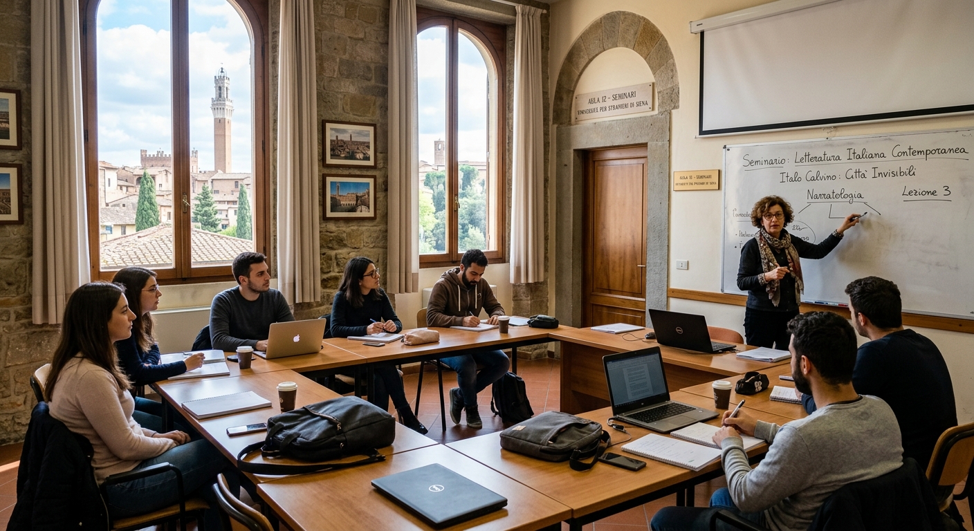 Classroom at University for Foreigners of Siena, small group of international students in a seminar setting, professor at whiteboard, bright natural light from tall windows