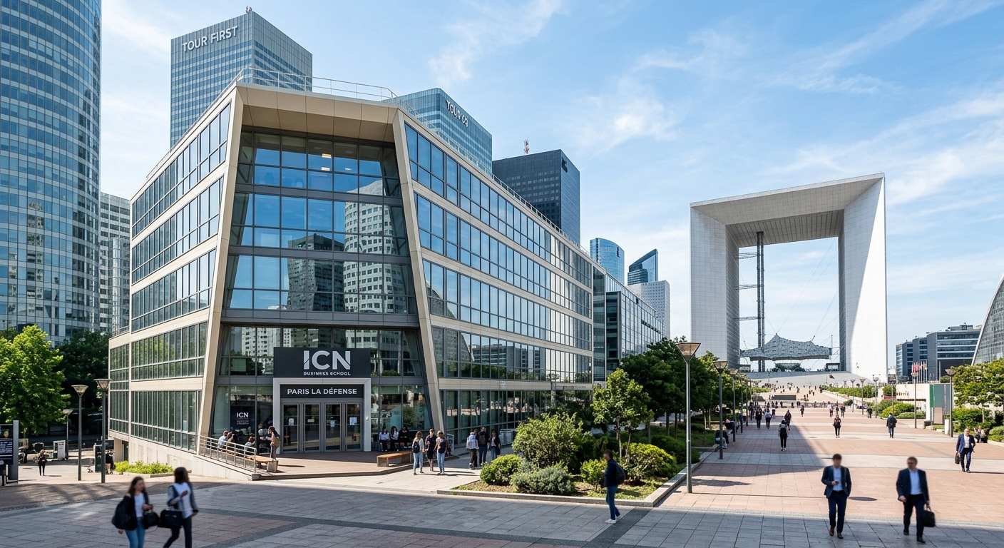 ICN Business School Paris La Défense campus exterior, modern glass building in the heart of La Défense business district, Grande Arche visible in background, contemporary European architecture, bright daylight