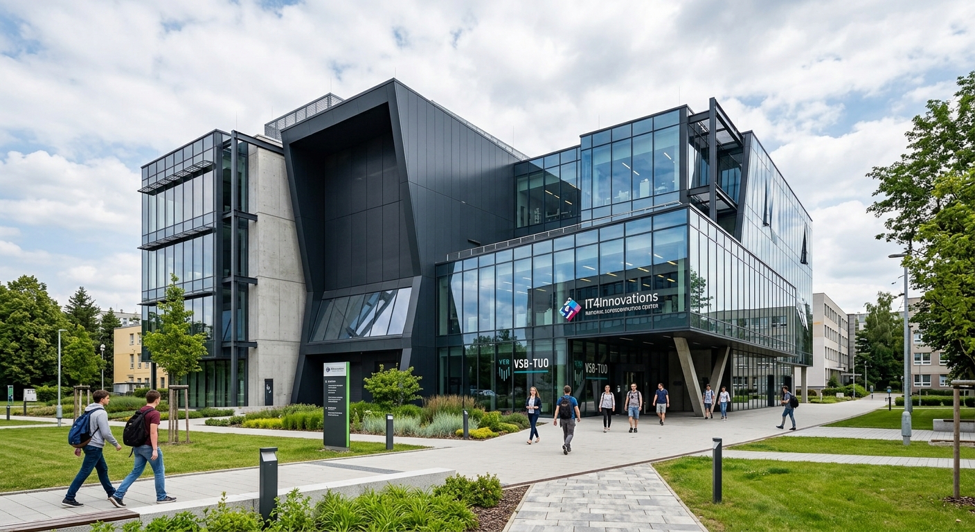IT4Innovations National Supercomputing Center building at VSB-TUO, modern glass and steel architecture, high-tech research facility