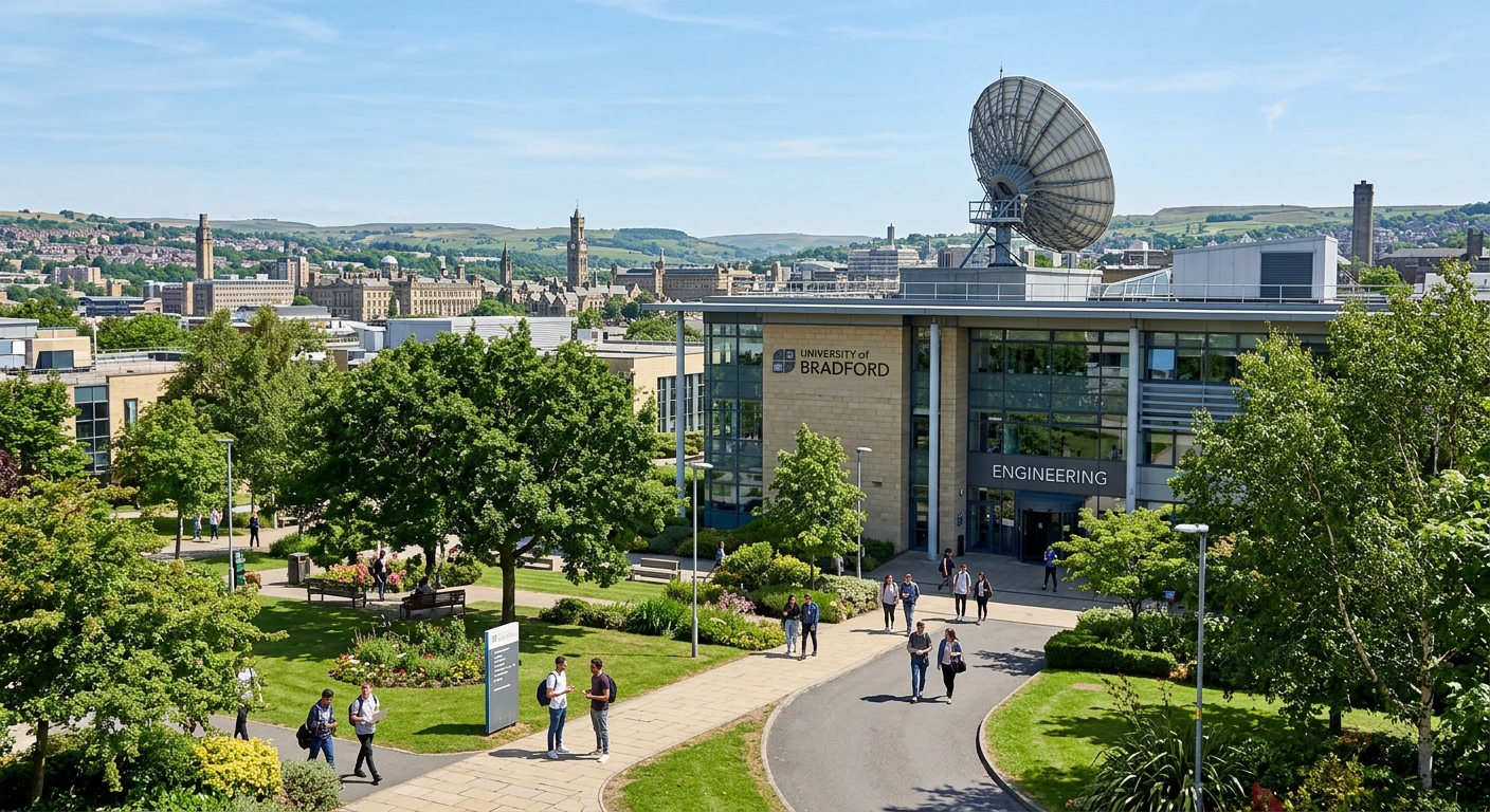 University of Bradford campus with modern engineering building, satellite dish on rooftop, students walking through green courtyard, West Yorkshire cityscape in background, clear sky