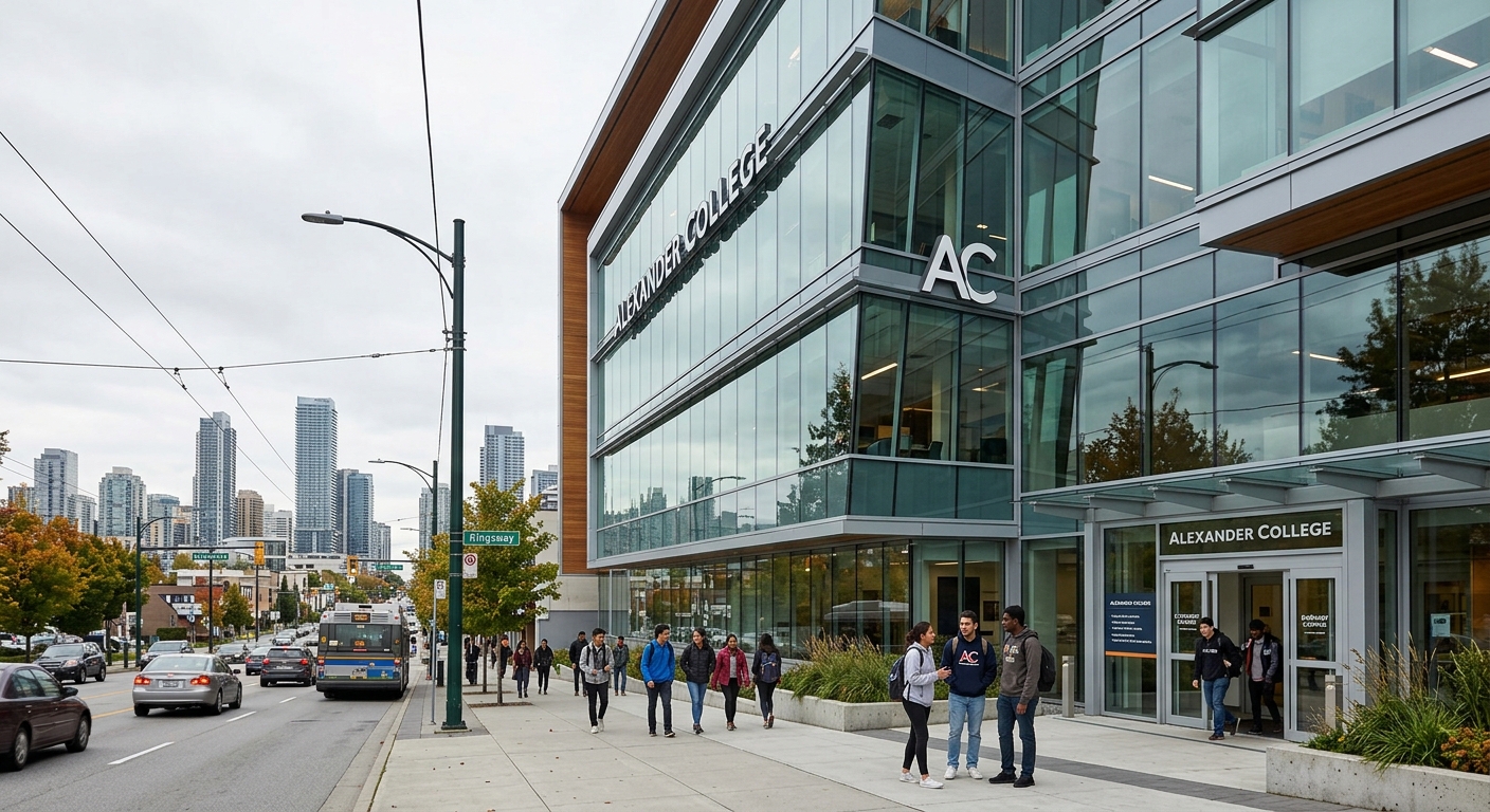 Modern Alexander College campus building in Burnaby, British Columbia, Canada with glass facade, students walking on urban sidewalk, nearby Metrotown skyline visible, bright overcast Pacific Northwest sky