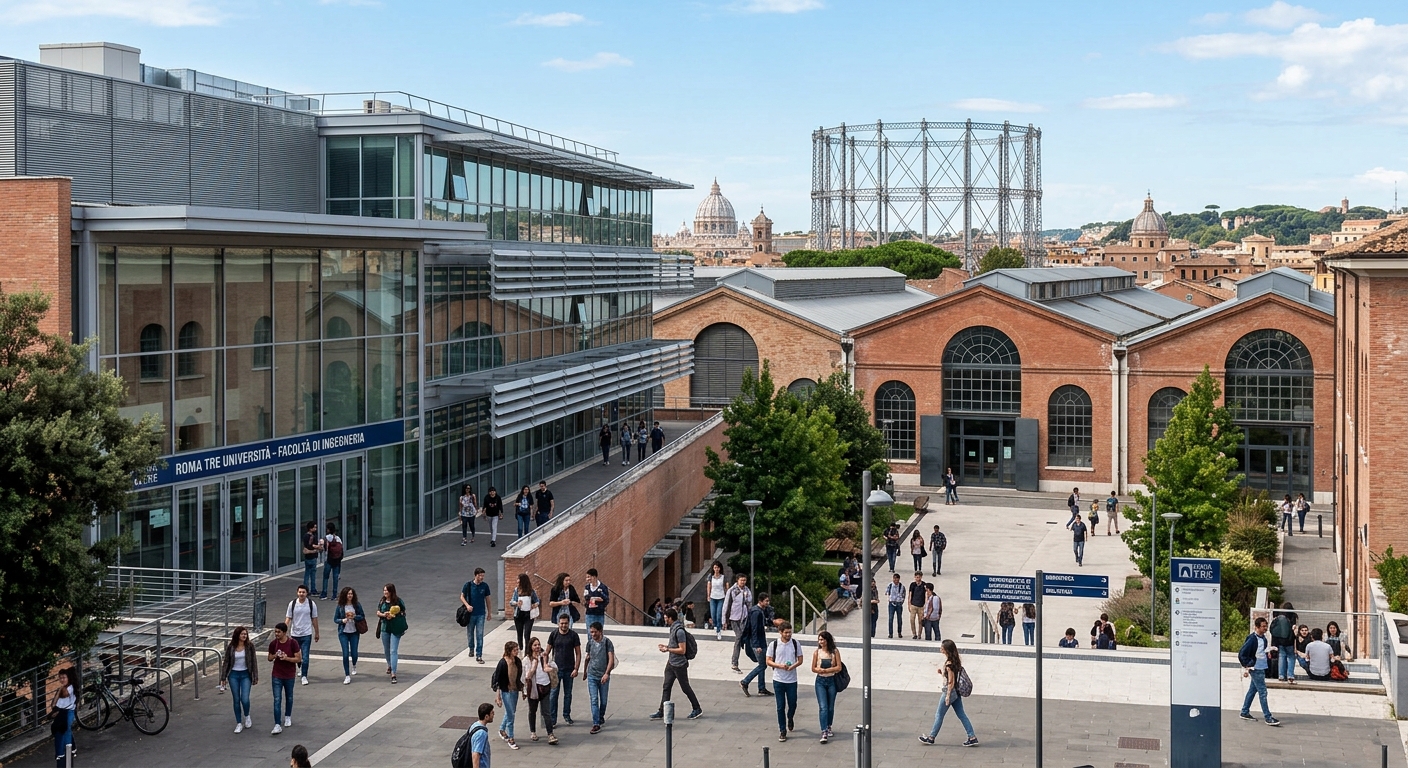 Modern engineering campus of Roma Tre University in Rome's Ostiense district, contemporary lecture buildings with glass facades, students walking between departments, historic industrial architecture renovated into academic spaces, Roman cityscape visible in background