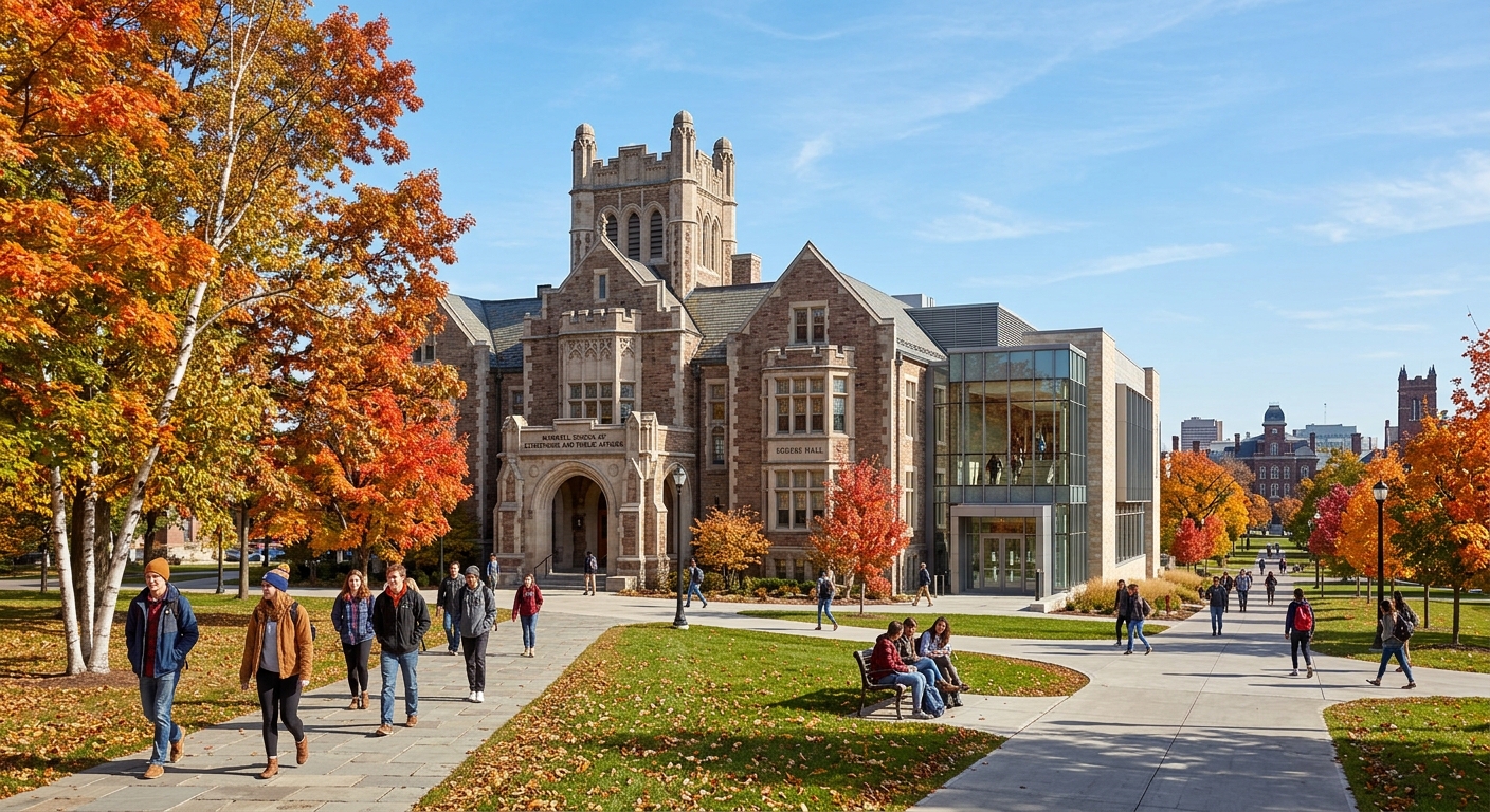 Syracuse University Maxwell School of Citizenship and Public Affairs building exterior with autumn foliage, students walking on campus paths, historic stone architecture with modern additions, clear sky over Syracuse New York campus