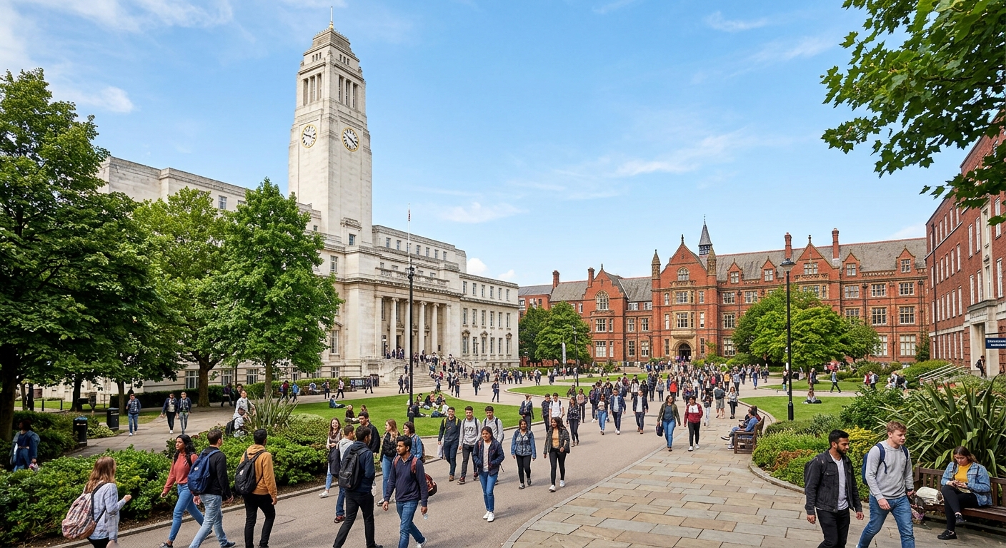 University of Leeds campus wide shot featuring the iconic Parkinson Building with its tall white clock tower, red-brick academic buildings, tree-lined walkways, and students walking across the main campus on a sunny day