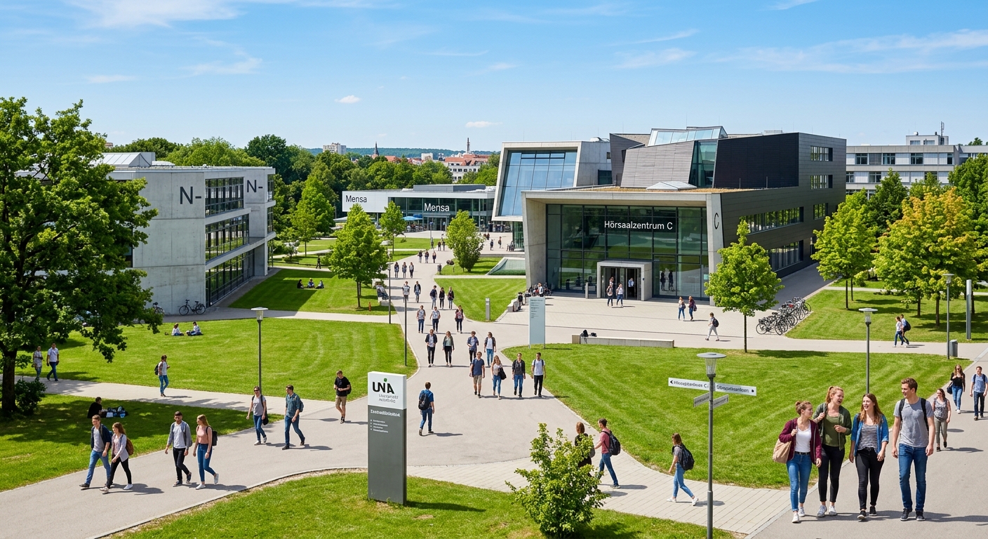 Modern university campus of the University of Augsburg in Bavaria, Germany, with contemporary lecture hall buildings surrounded by green lawns and trees, students walking along pathways under a clear blue sky