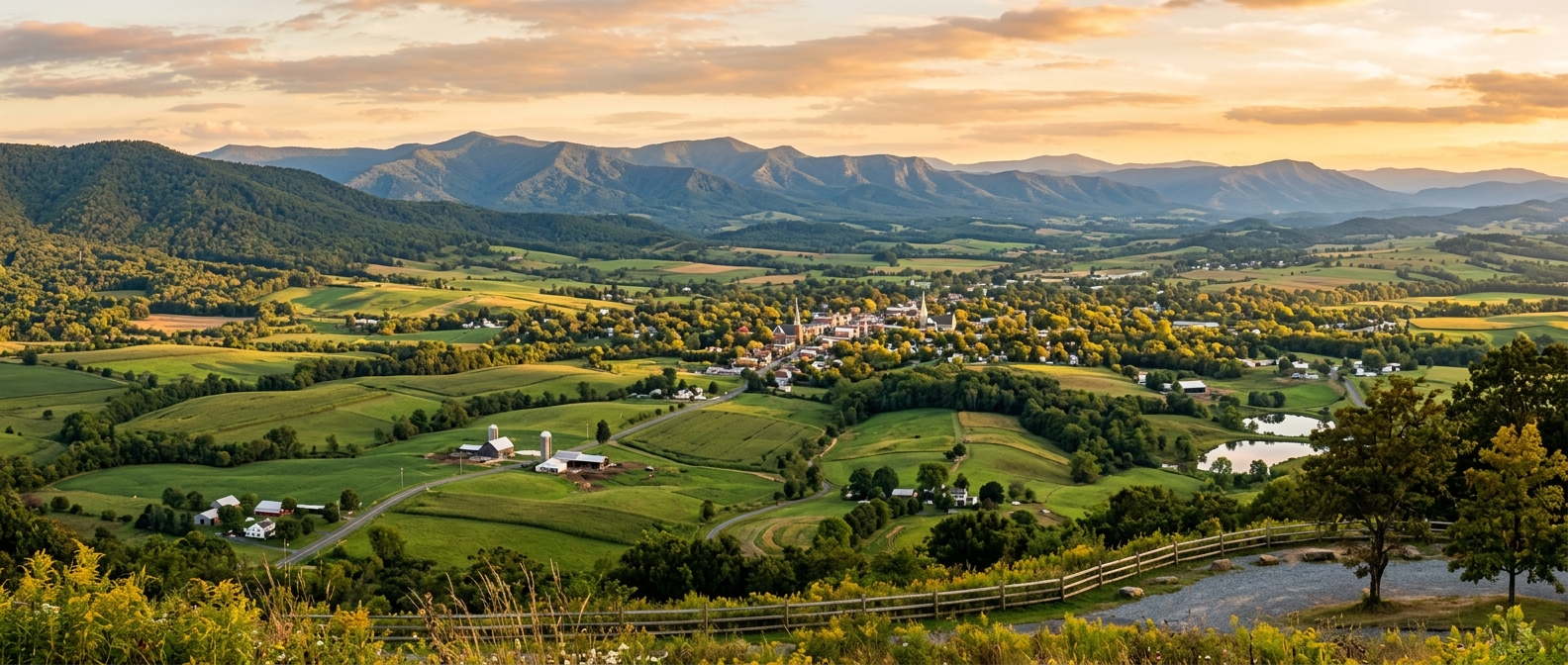 Panoramic view of the Shenandoah Valley in Virginia with rolling green farmland, the Blue Ridge Mountains in the distance, a small town nestled in the valley, golden hour sunlight