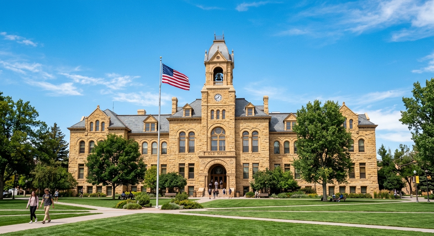 University of Wyoming Old Main historic sandstone building with arched windows, green lawns, American flag, clear blue Wyoming sky