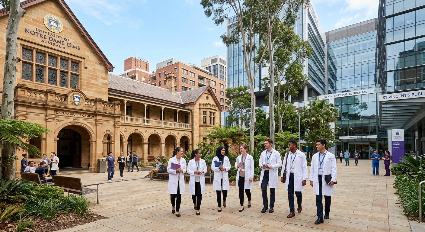 University of Notre Dame Australia Sydney campus in Darlinghurst, historic sandstone buildings surrounded by modern medical precinct, students in white coats walking through courtyard, Australian urban setting with clear blue sky